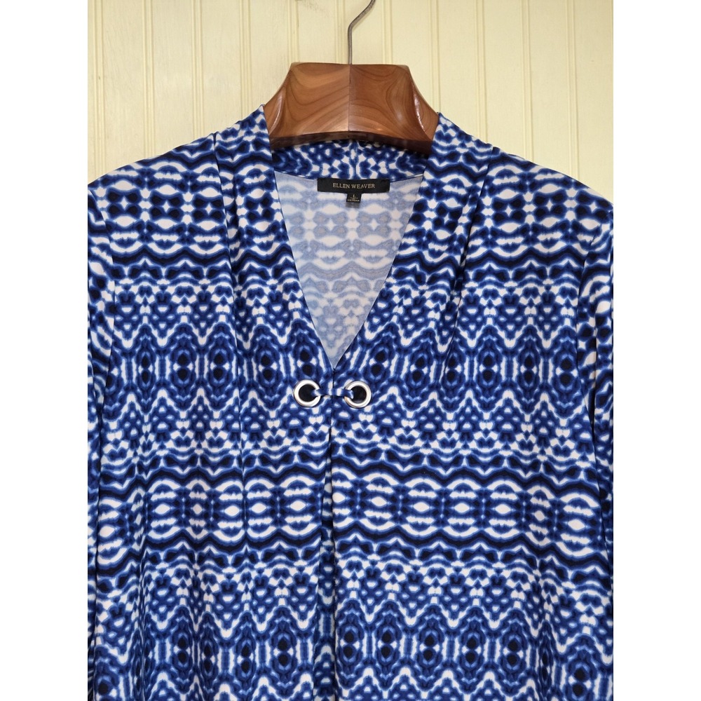 Ellen Weaver Shirt Womens Large Blue Geometric V Neck 3/4 Sleeve Stretch Tunic‎